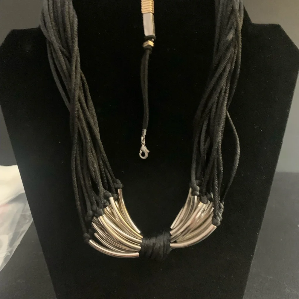 J#7 Classy Silver Necklace with Satin Cords and Silver/Gold Black Bracelet. - Picture 2 of 8